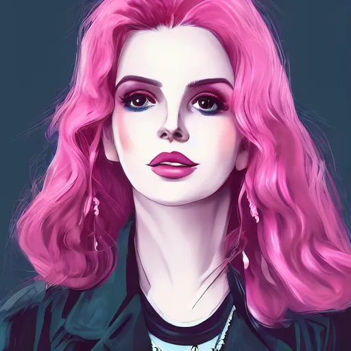 Image similar to full headshot portrait of Lana del ray punk, digital art, short pink hair, drawn by WLOP, by Avetetsuya Studios, anime manga panel, trending on artstation, wearing a plaid shirt