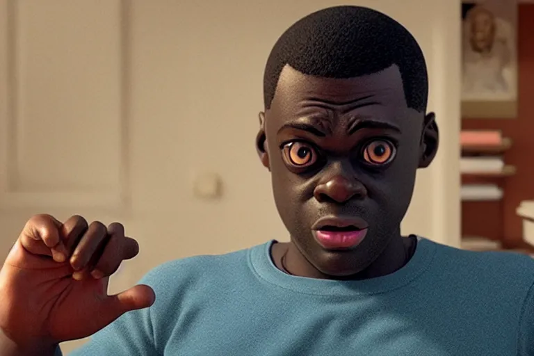Prompt: get out ( 2 0 1 7 ), chris is being hypnotized, tears on his face, mouth slightly agape, daniel kaluuya, anatomically accurate hand, medium portrait shot, pixar disney style, pixar studios, animated, cgstation, octane render, film still, best animation, visual effects