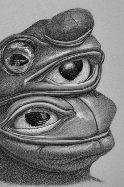 Image similar to portrait drawing of pepe the frog, ultra detailed highly realistic, trending on artstation, rule of thirds, extreme high detail, soft lighting, rim light, volumetric lighting and effects,