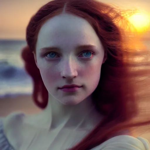 Prompt: photographic portrait of a stunningly beautiful english renaissance female in soft dreamy light at sunset, beside the sea, art nouveau, soft focus, contemporary fashion shoot, in a denis villeneuve and tim burton movie, by edward robert hughes, annie leibovitz and steve mccurry, david lazar, jimmy nelsson, extremely detailed, breathtaking, hyperrealistic, perfect face, octane render