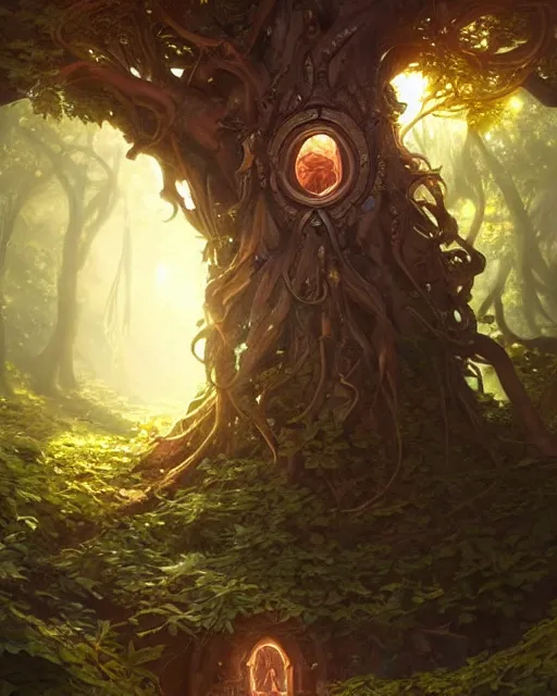 Prompt: A time portal inside a tree, deep focus, D&D, fantasy, intricate, elegant, highly detailed, digital painting, artstation, concept art, matte, sharp focus, illustration, hearthstone, art by Artgerm and Greg Rutkowski and Alphonse Mucha