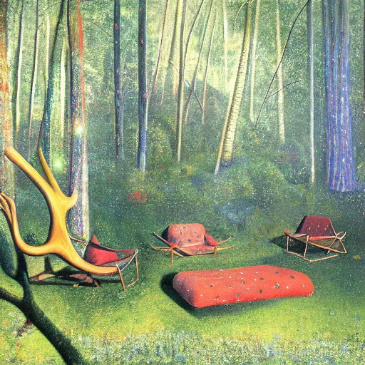 Image similar to psychedelic couch sofa in the lush pine forest, milky way, moose antlers, designed by arnold bocklin, jules bastien - lepage, tarsila do amaral, wayne barlowe and gustave baumann, cheval michael, trending on artstation, star, sharp focus, colorful refracted sparkles and lines, soft light, 8 k 4 k