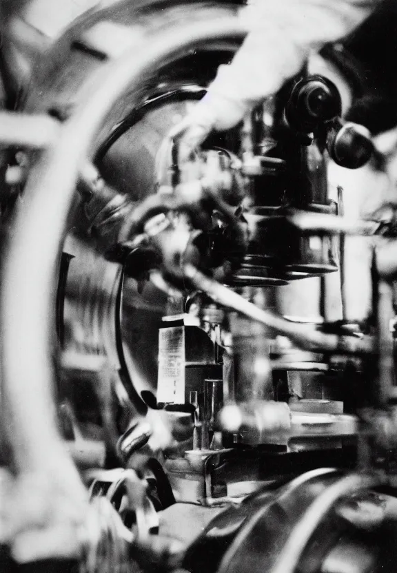 Prompt: a close - up portrait of marcel duchamp working on a machine, 1 9 2 0 s monochrome snapshot, graflex 4 x 5, f 1. 8, 3 5 mm, ilford delta 3 2 0 0 pro