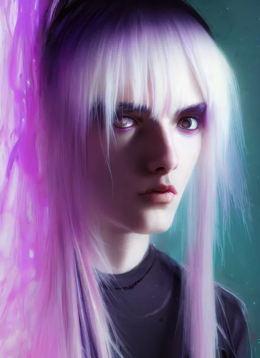 Image similar to hair whitebangs hair, black cyberlox, portrait of normal teenage girl with white bangs, messy bangs, cyberlox, whitebangs, red irises, purple clothes, intricate, elegant, glowing lights, highly detailed, digital painting, artstation, concept art, sharp focus, smooth, illustration, art by wlop, mars ravelo and greg rutkowski