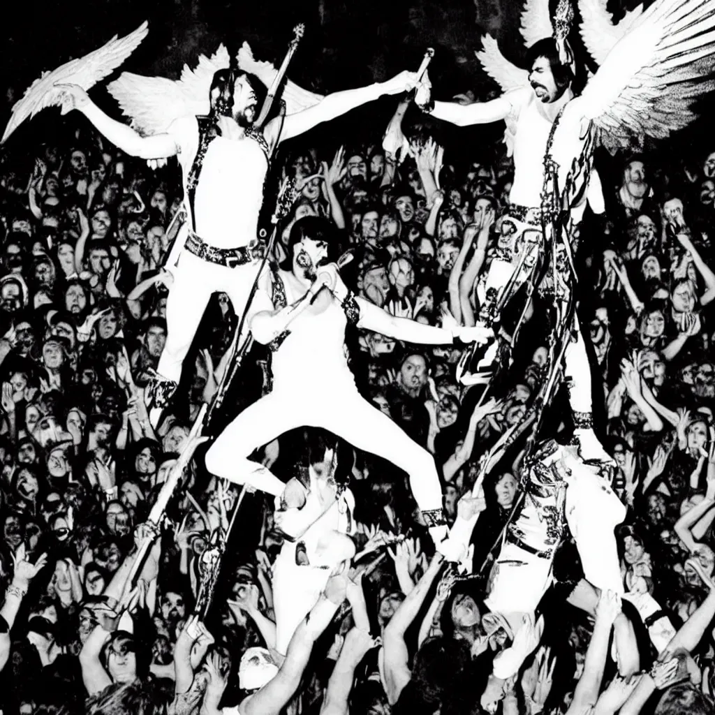 Image similar to freddie mercury singing at a death metal punk concert. mosh pit, elaborate clothing, violent rock concert yellow and white clothing, huge angel wings - s 1 5 0