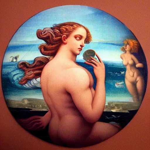 Prompt: fish eye of the birth of venus looking at me, dark lighting