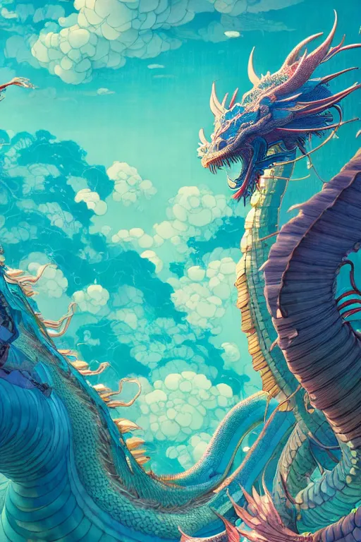 Image similar to a beautiful hyperdetailed character design 4 k wallpaper illustration of a huge cyan dragon, victo ngai style, from china, style of studio ghibli, makoto shinkai, raphael lacoste, louis comfort tiffany, denoise, deblurring, artgerm, xision, james jean, ross tran, chinese style