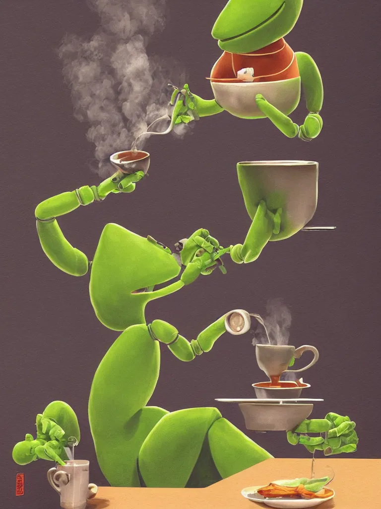Image similar to serene illustration robotic kermit offering a cup of fresh steaming coffee, by Simon Stalenhaag, by Yoshita Amano, by Esao Andrews, sharp focus, fresh colors, conceptart, trending on artstation