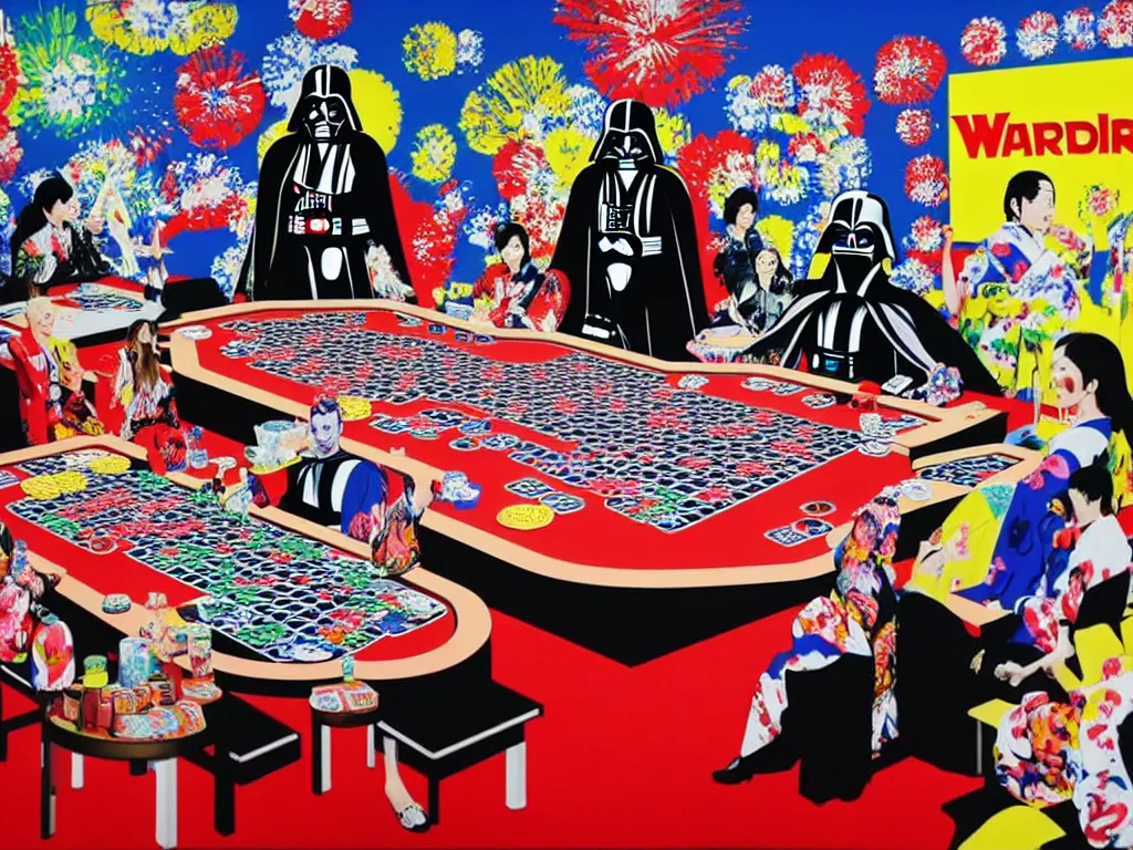 Image similar to hyper - realistic composition of a large room with an extremely detailed poker table in the center, woman in traditional japanese kimono standing nearby, darth vader sitting at the table, fireworks in the background, pop art style, jackie tsai style, andy warhol style, acrylic on canvas, dull palette