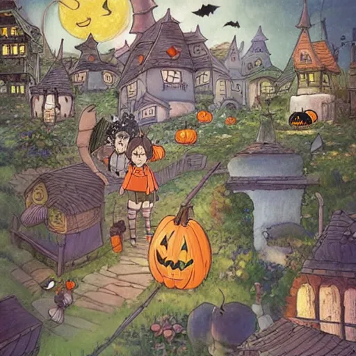 Prompt: a whimsical halloween night in a village in the style of studio ghibli by miyazaki