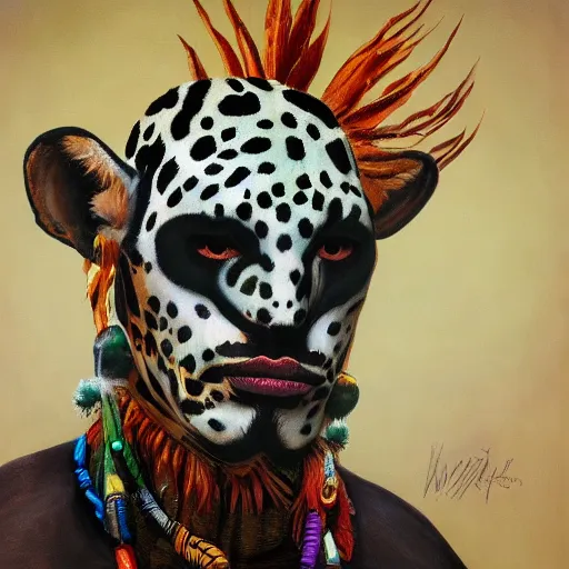 Image similar to the painting of a shaman turning into a jaguar 4 k render