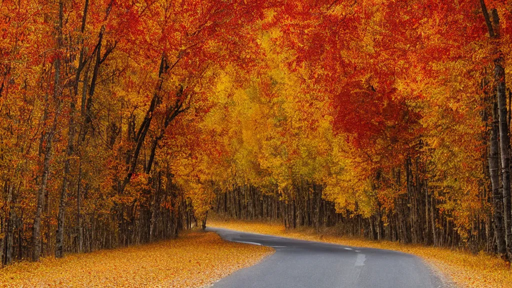 Prompt: a photograph of a country!!!! road lined on both sides by maple and poplar trees, in the autumn, red orange and yellow leaves, some leaves have fallen and are under the trees and on the road