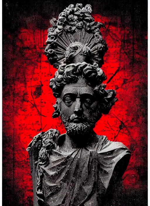 Image similar to dark design poster showing a statue of marcus aurelius, black background with very subtle red and purple design elements, powerful, nekro, guido crepax, graphic design, collage art, thin lines, dark, glitch art, neo vaporwave, gritty, layout frame, square, trending on artstation