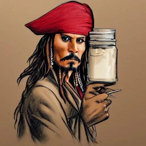 Prompt: Courtroom Sketch of Jack Sparrow holding a jar of poop in hand
