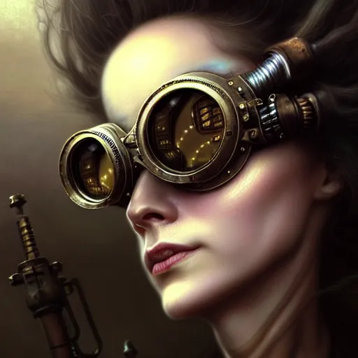 Image similar to closeup portrait shot of a glitched woman wearing steampunk goggles in a scenic dystopian environment, intricate, elegant, highly detailed, centered, digital painting, artstation, concept art, smooth, sharp focus, illustration, artgerm, tomasz alen kopera, peter mohrbacher, donato giancola, joseph christian leyendecker, wlop, boris vallejo