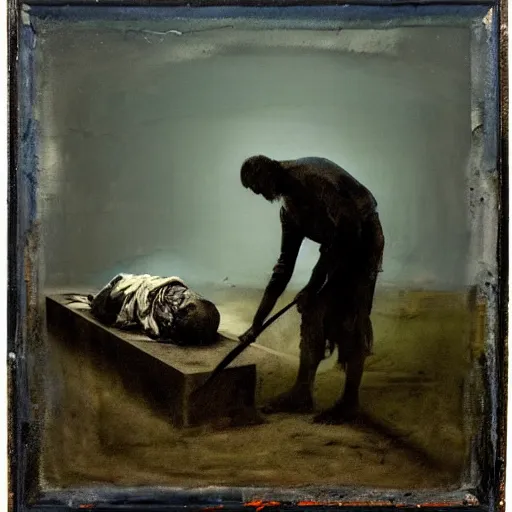 Image similar to one man in a cemetery digging up a dead body, by nicola samori, painting, 8 k, high detail, medium blue, orange, and dark green tones, high quality, sad feeling, high detail, dark colors, sinister atmosphere, dramatic lighting, cinematic, establishing shot, extremely high detail, photo realistic, cinematic lighting, album cover