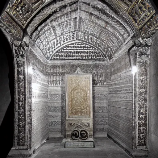 Prompt: the crypt of a king which consists mostly of his body encased in diamond and sitting on his throne. the tomb is ornate and the body is visible and unblemished