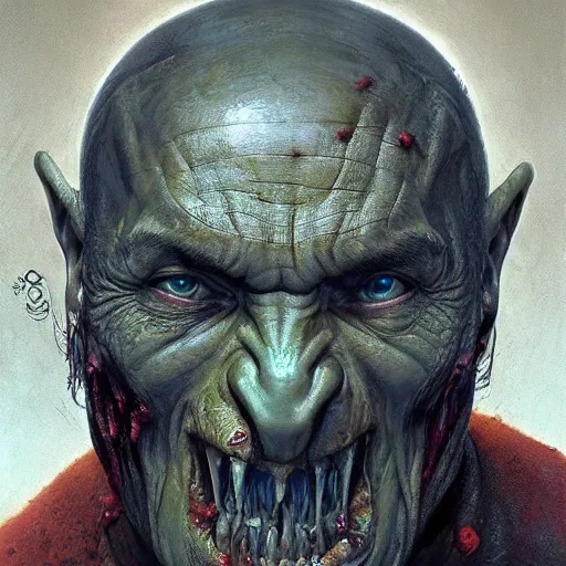 Image similar to vladimir putin, is orc, rotten tooth, horror, macabre by donato giancola and greg rutkowski and wayne barlow and zdzisław beksinski, realistic face, digital art