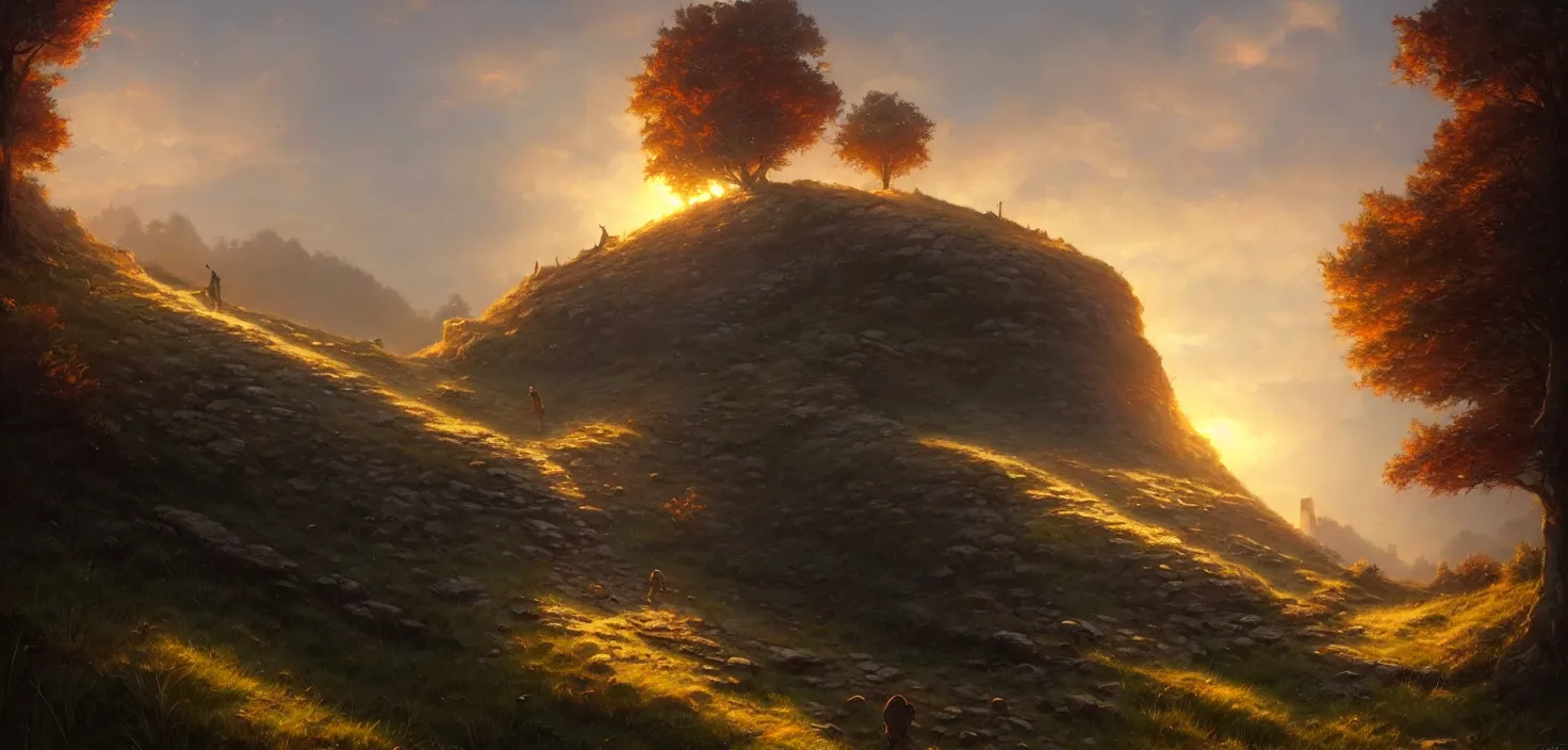 Prompt: Robin Hood hill, detailed, concept art, low angle, high detail, warm lighting, volumetric, godrays, vivid, beautiful, trending on artstation, by Jordan grimmer, huge scene, grass, art greg rutkowski