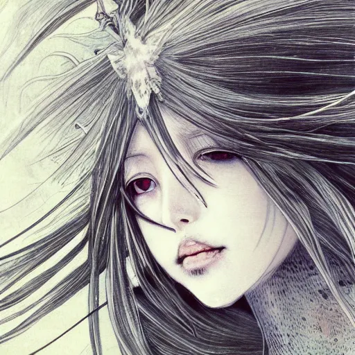 Image similar to Yoshitaka Amano blurred and dreamy illustration of an anime girl with wavy white hair fluttering in the wind and cracks on her face wearing elven armor with engravings, background with abstract black and white patterns, noisy film grain effect, highly detailed, Renaissance oil painting, weird portrait angle, three quarter view