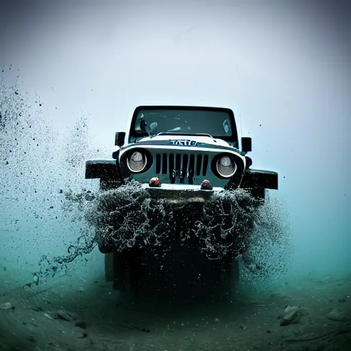 Prompt: eerie murky underwater photo of an upside - down jeep sinking down. bubbles. 4 k.