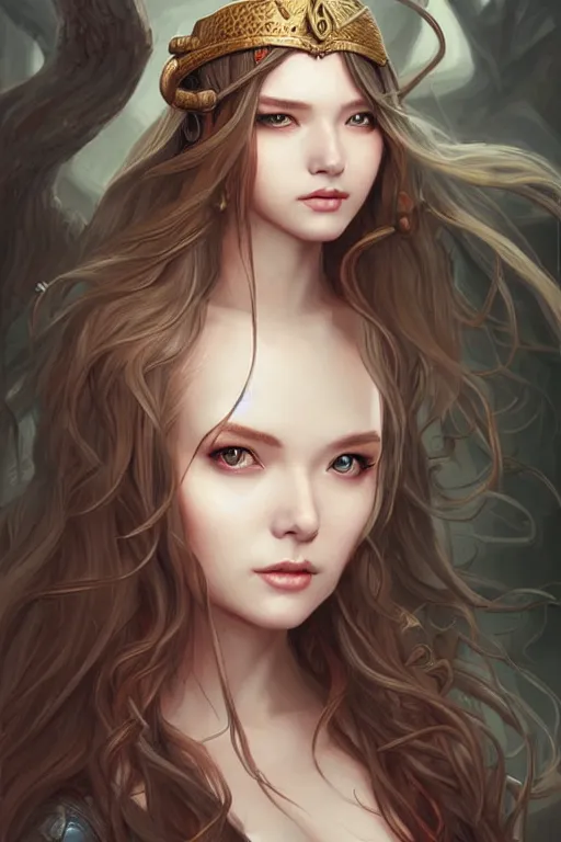 Prompt: lovely medieval maiden with long hair, character portrait, concept art, intricate details, highly detailed photorealistic portrait in the style of adam hughes, seseon yoon, artgerm and warren louw