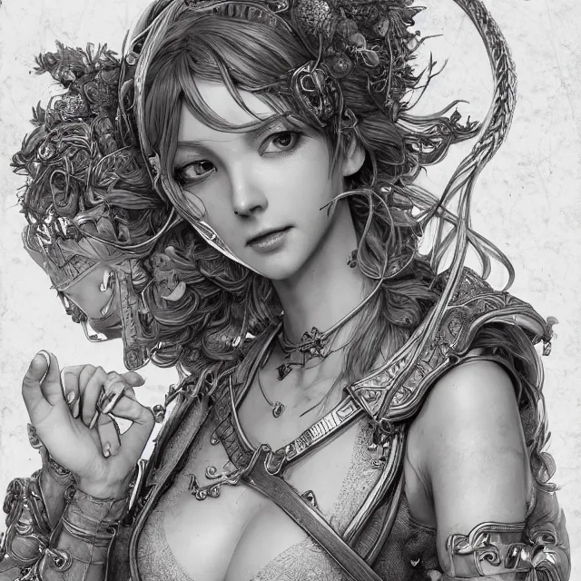 Image similar to studio portrait of neutral good colorful female cleric bard healer as absurdly beautiful, elegant, young skinny gravure idol, ultrafine hyperdetailed face illustration by kim jung gi, irakli nadar, intricate linework, sharp focus, bright colors, octopath traveler, final fantasy, unreal engine highly rendered, global illumination, radiant light, detailed and intricate environment