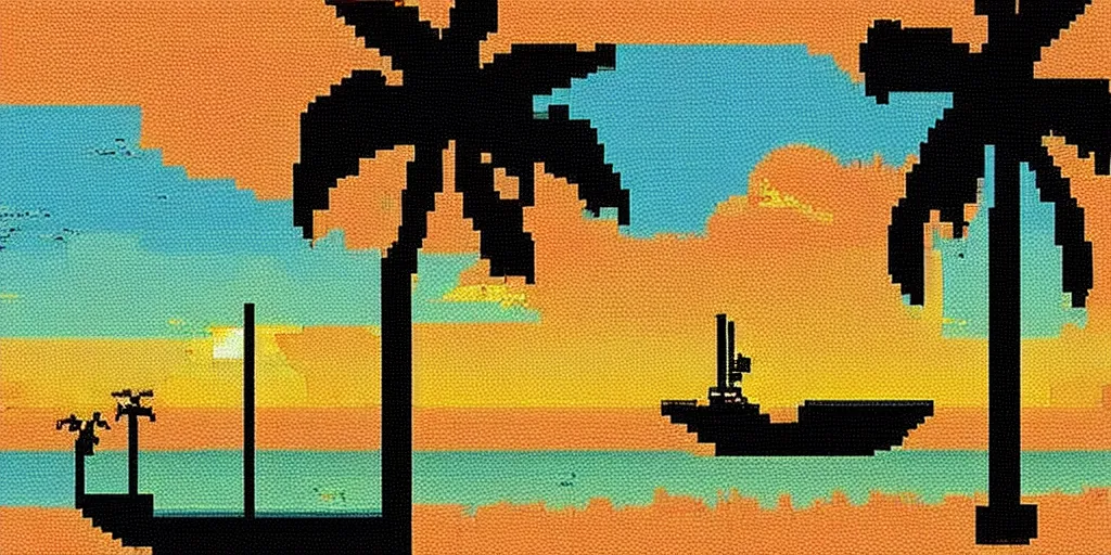 Prompt: a beautiful sunset at the beach, palm trees, a ship in the sea. #pixelart