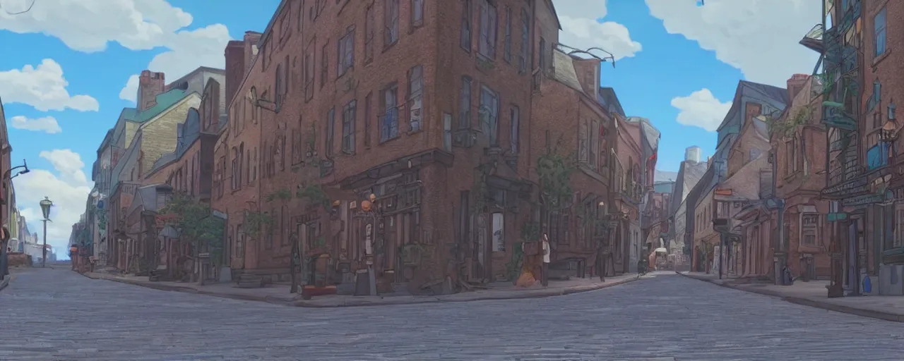 Image similar to A screenshot of the old port in old montreal city street in the scene in the Ghibli anime film, pretty rim highlights and specular