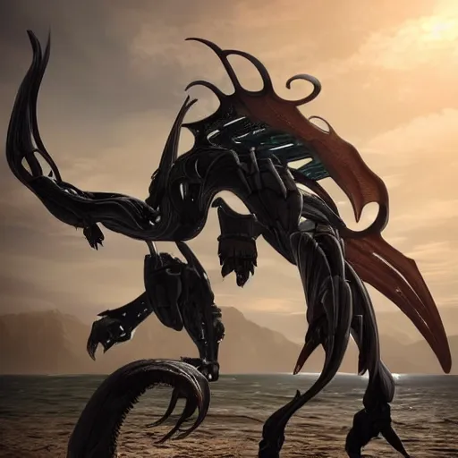 Image similar to looking up at a highly detailed 300 foot tall giant exquisite beautiful female warframe, as an anthropomorphic robot dragon, posing elegantly over your tiny form, detailed legs looming over you, camera on the ground, at the beach on a sunset, sleek streamlined design, streamlined matte black armor, sharp detailed claws, detailed sharp robot dragon feet, worms eye view, giantess shot, upward shot, ground view shot, leg shot, front shot, cinematic shot, high quality warframe fanart, captura, realistic, professional digital art, high end digital art, furry art, giantess art, anthro art, DeviantArt, artstation, Furaffinity, 8k HD render, epic lighting