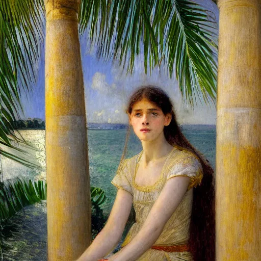 Image similar to a ultradetailed beautiful painting of a girl in the amazonas palace balustrade designed by jules bastien - lepage, hans belmer, frank weston and gustave baumann, beach, trending on artstation, mediterranean, palm trees, refracted color sparkles, sharp focus, soft light, 8 k 4 k