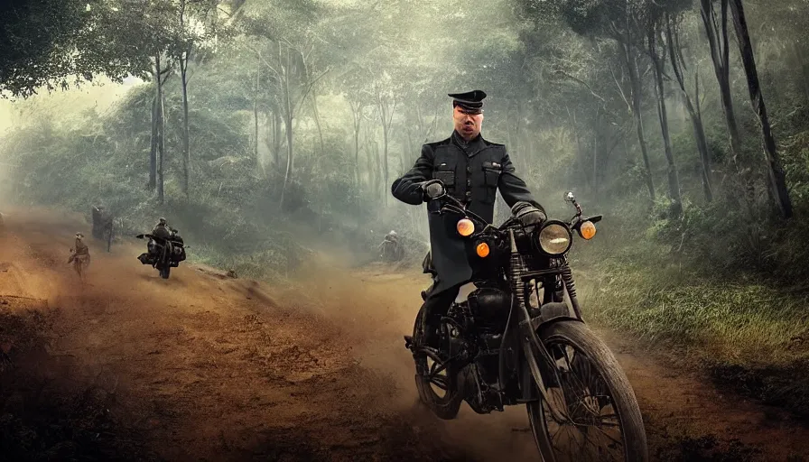 Image similar to a british officer driving a motorcycle alone in 1921 in kerala forest road, local people chasing to attack, furious action scene, chase, an epic fantasy, dramatic lighting, cinematic, establishing shot, extremely high detail, photorealistic, cinematic lighting, artstation, by christopher nolan, horizon forbidden west