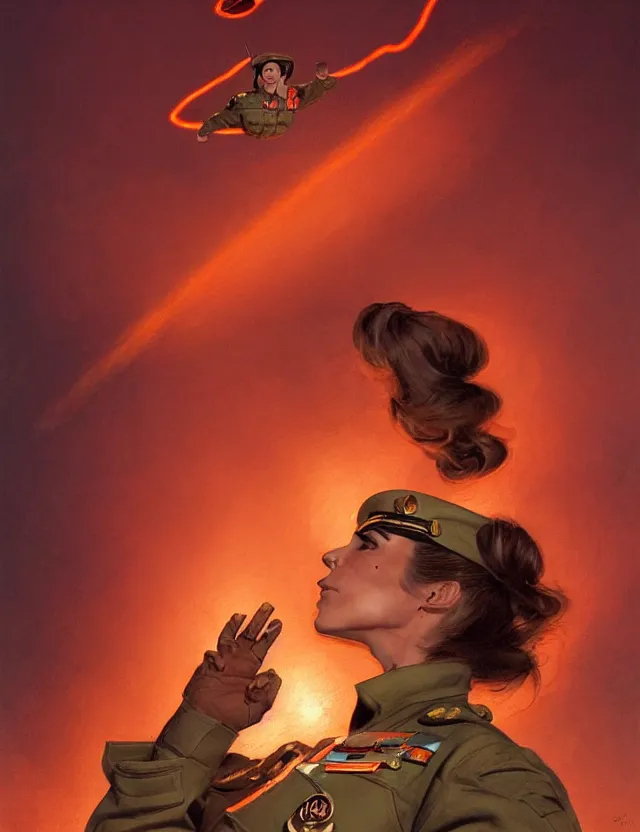 Image similar to a brown - haired woman in a military uniform hovering in the air glowing with red light and crackling energy, by frank fazetta and moebius, trending on artstation, digital art, 4 k resolution, detailed, high quality, sharp focus, hq artwork, coherent, insane detail, concept art, character concept, character full body portrait