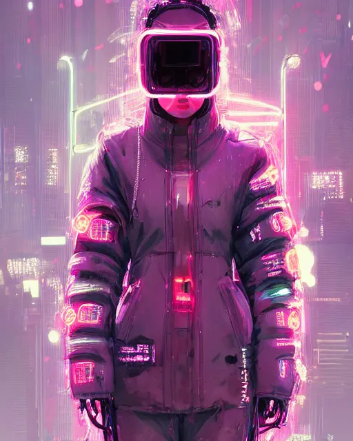 Prompt: detailed full body portrait Neon Operator Girl, cyberpunk futuristic neon, reflective puffy coat, decorated with traditional Japanese ornaments by Ismail inceoglu dragan bibin hans thoma greg rutkowski Alexandros Pyromallis Nekro Rene Maritte Illustrated, Perfect face, fine details, realistic shaded, fine-face, pretty face