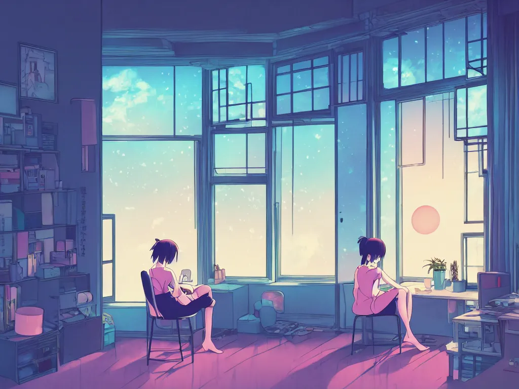 Image similar to beautiful illustration of a lonely female in her studio apartment sitting at her computer desk which is in front of a window which looks out to a futuristic city at night, japan, anime manga style, neon pastel, in the style of ghibli and hayao miyazaki and satoshi kon and shinichiro watanabe and makoto shinkai