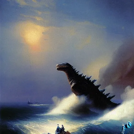 Prompt: godzilla on the coast painting by aivazovsky