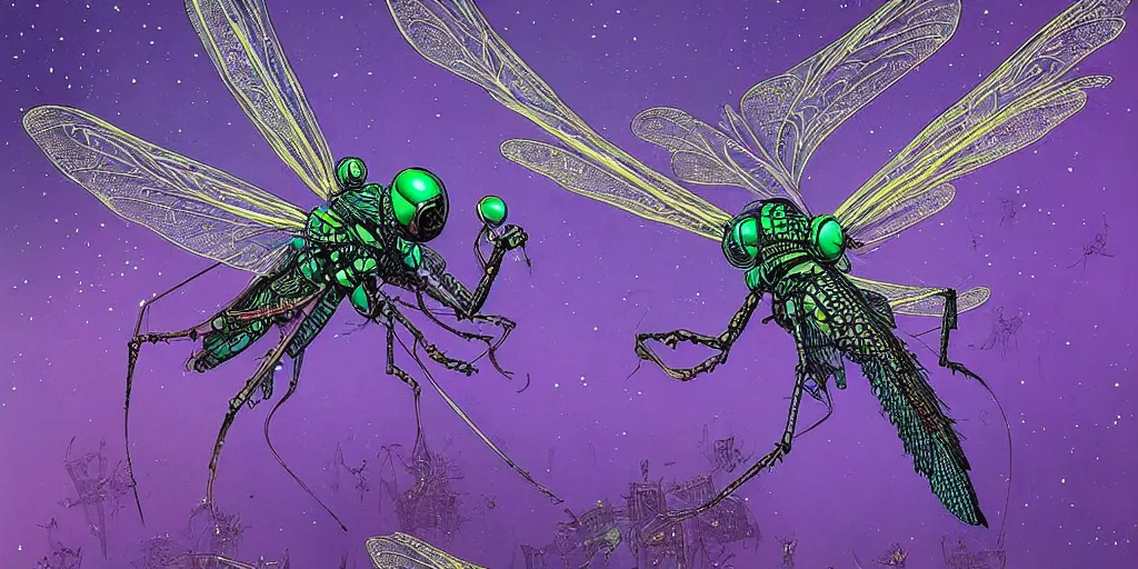 Prompt: stylised giant dragonfly with few element of cyberpunk armor attacking very tiny dark creatures in fantasy jungle, by moebius!!!!, victo ngai!!!!, cinematic view!!!, dynamic lighting, night mood!!!!