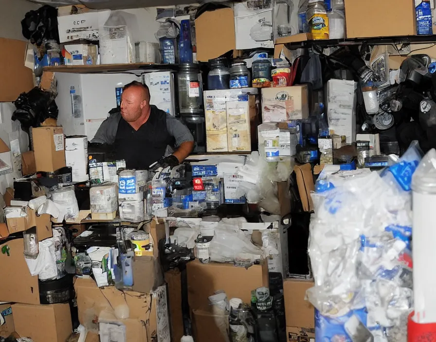 Prompt: Alex Jones in his garage office, surrounded by boxes of herbal supplements and trash, a group of SWAT police kicking in the door, tear gas and smoke, detailed photograph high quality
