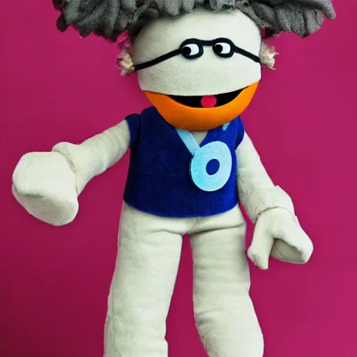 Image similar to mikky ekko as a muppet, plush doll, felt features