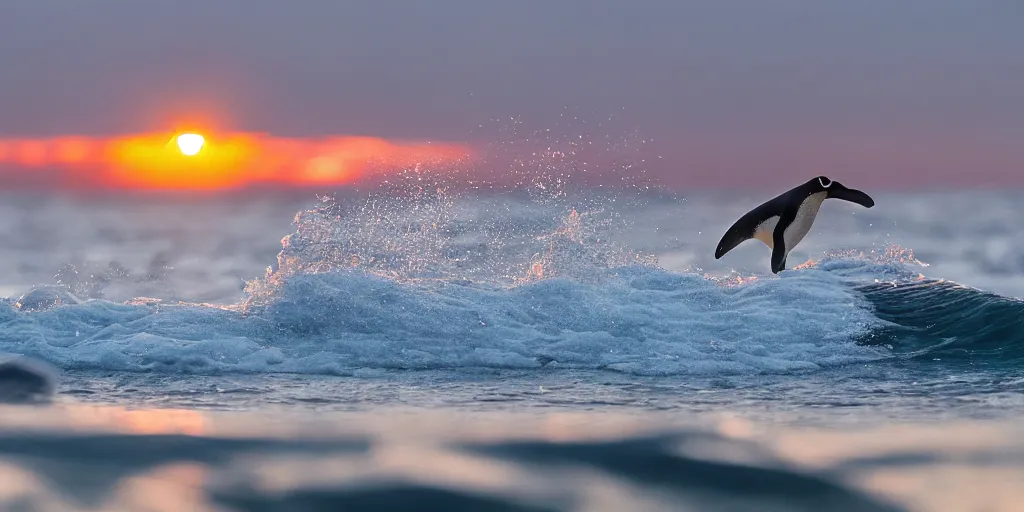 Image similar to penguin surfing a wave at the sunrise