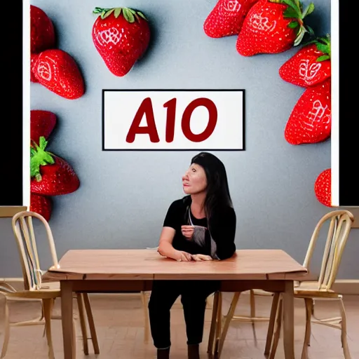 Prompt: A product photoshoot of a 10ft by 10ft art studio, a strawberry is sitting at the table in the middle of the room with an apple on the table, woman his holding a sign, table is centered | 8K | high-quality