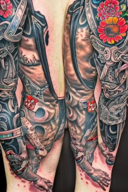 Prompt: full view, from a distance, of cowboys with tattoos, style of yoshii chie and hikari shimoda, highly detailed