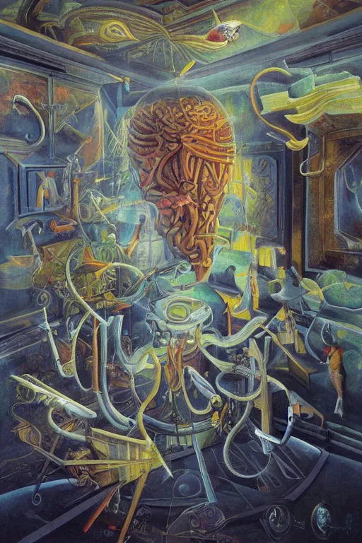 Image similar to surrealist painting full of subtle hints, mystic characters and misleading perspectives, ultrastation hq, 8 l, hyperrealistic, very highly detailed