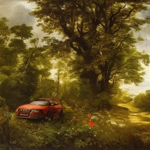 Prompt: oil painting by jan matejko depicting an audi a4 standing in the middle of a forest, there are flowers, big oak trees, grass, the sun is shining through the leaves, godrays, fantasy