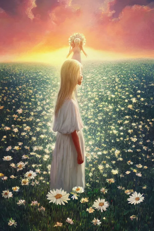 Prompt: giant white daisy flower veil, girl standing in a flower field, surreal photography, sunrise, dramatic light, impressionist painting, colorful clouds, digital painting, artstation, simon stalenhag