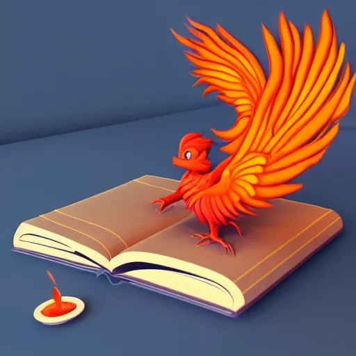 Prompt: A small fiery phoenix reads a book in a library, Digital Art, Artstation, 3D, Raytracing, UHD, Ultra High Definition, 4K, Render, Cycles