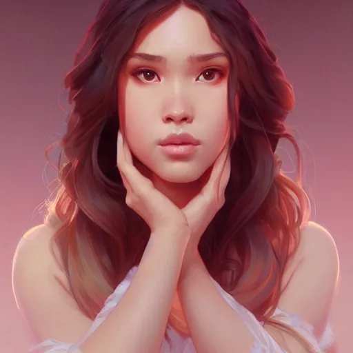 Image similar to Pokimane, highly detailed, digital painting, artstation, concept art, sharp focus, illustration, cinematic lighting, art by artgerm and greg rutkowski and alphonse mucha