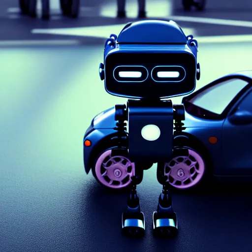 Image similar to a cute little robot in front of a car. super realistic 8 k render of a dark hooded powerful elegant, cinematic composition