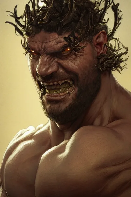 Prompt: portrait of ethan klein as a hulking herculean demon, forest, godlike, full body, fantasy, intricate, elegant, highly detailed, digital painting, artstation, concept art, sharp focus, illustration, art by artgerm and greg rutkowski and alphonse mucha