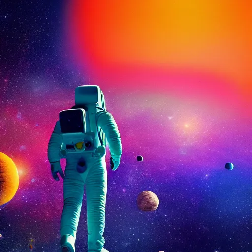 Prompt: a astrona! dream a astronaut wandering a colorful vibrant planet, back shot, 4 k, ue 5, realistic, detailed, photorealistic, beautiful.